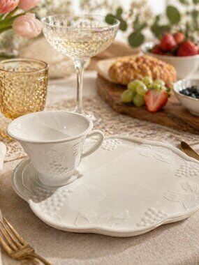 Vintage Milk Glass Snack Set – Set of 4 Cup & Tray Sets | Grape Pattern | NWOT